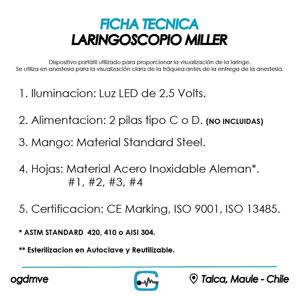 Laringoscopio Miller Acero Inoxidable Ogdmve